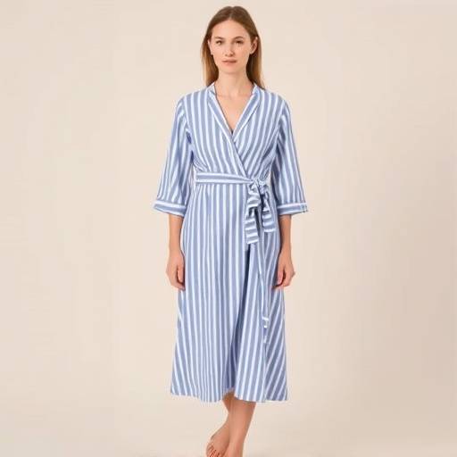 Abito midi a portafoglio in cotone biologico a righe blu e bianco