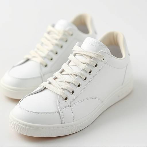 Coppia di scarpe da ginnastica bianche realizzate con materiali riciclati e suola in gomma naturale. I lacci sono in cotone organico.