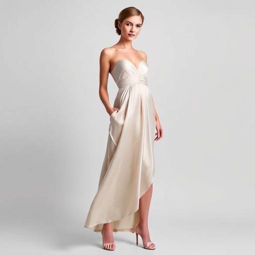 Modella che indossa un abito lungo in seta cruelty-free con sandali con tacco