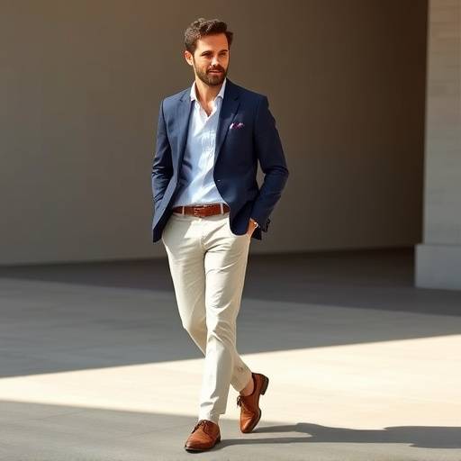 Uomo che indossa una giacca di lino blu navy con bottoni in corno naturale, abbinata a pantaloni chino color crema e scarpe di pelle vegana.